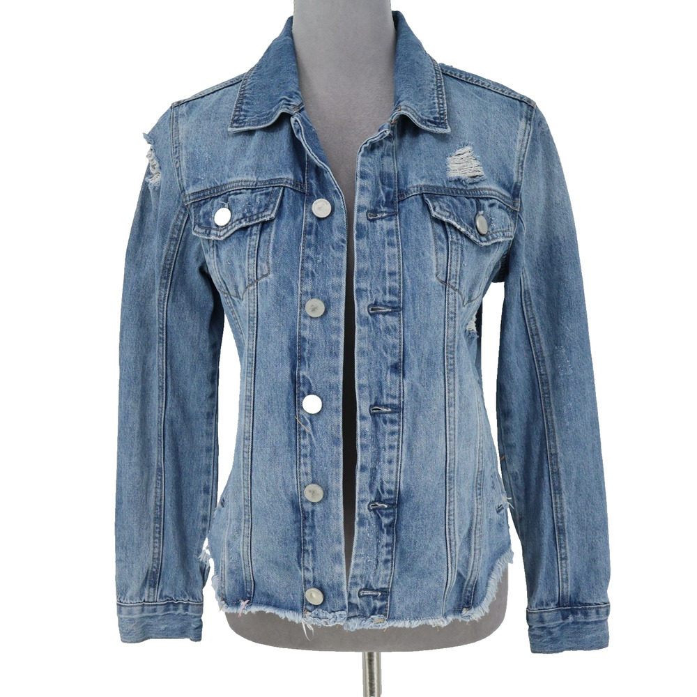Blank NYC Jean Jacket Womens XS Blue Cotton Denim Raw Hem Distressed FLAW